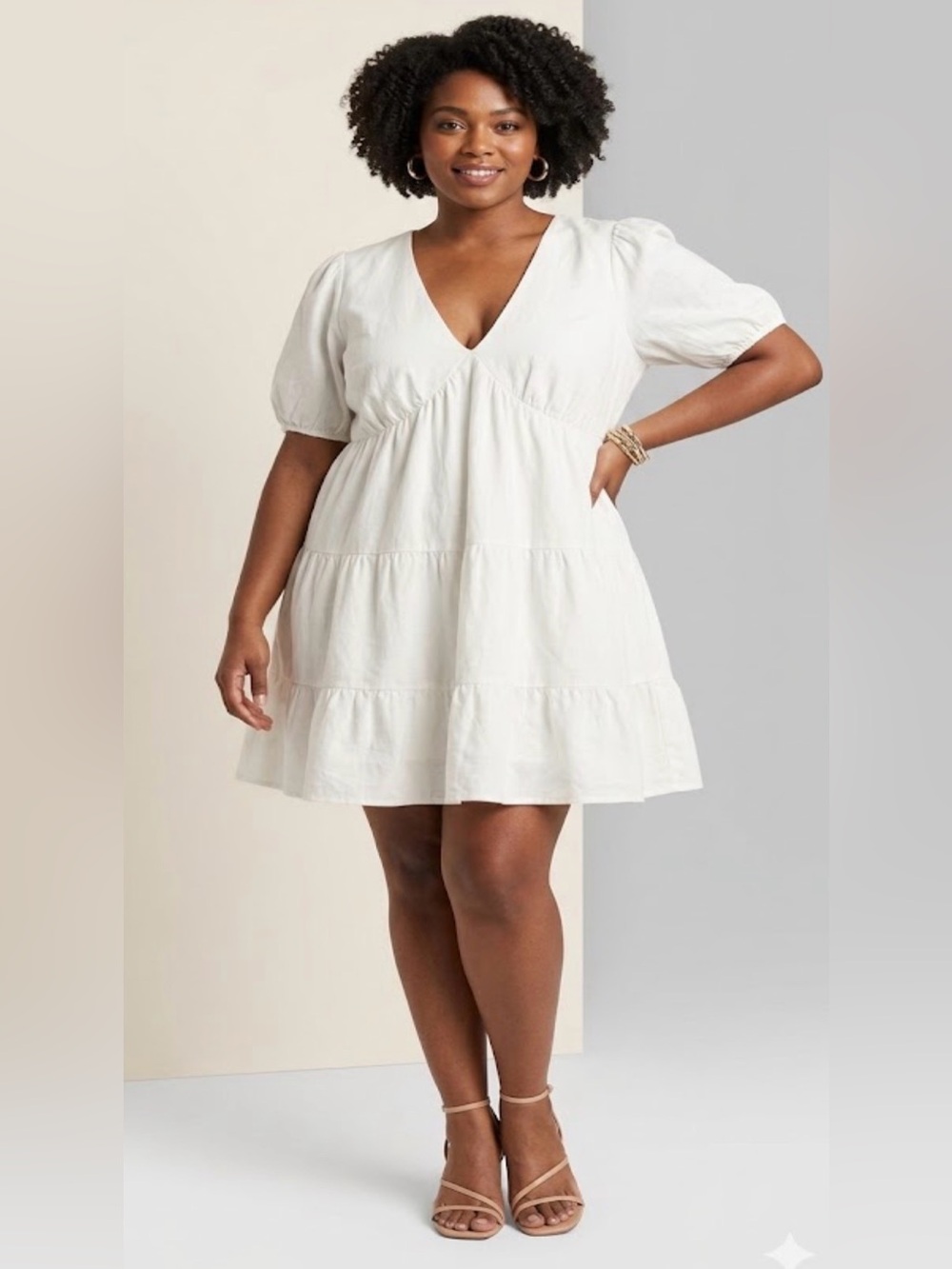 Forever 21 White V-Neck Babydoll Dress with Puff Sleeves Size 1X